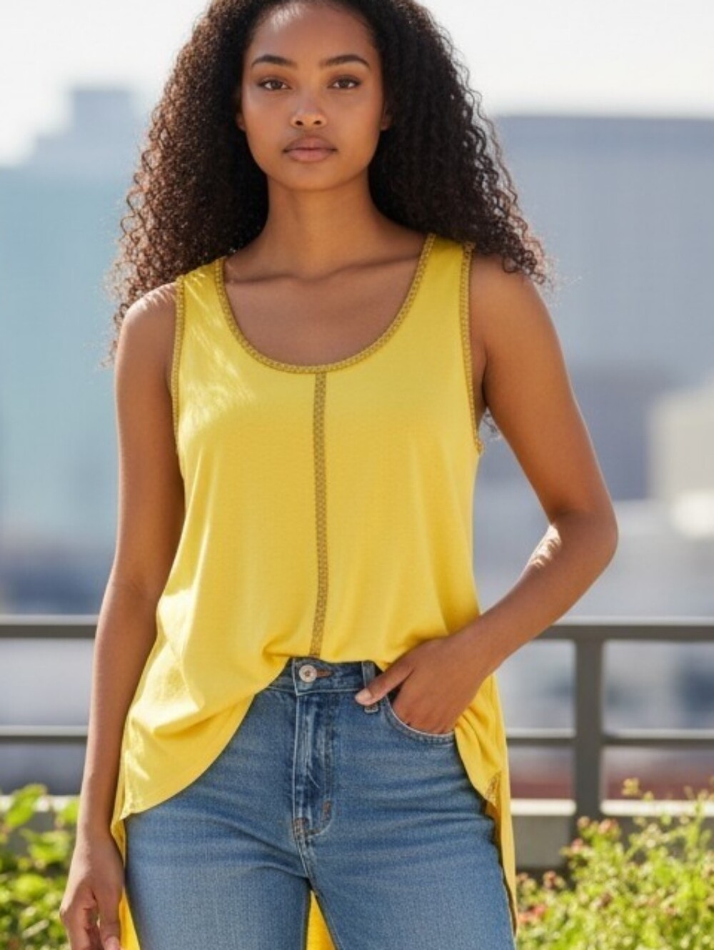 Spence Sleeveless Yellow Top Gold Embellishments Hi Low Sz. XL
